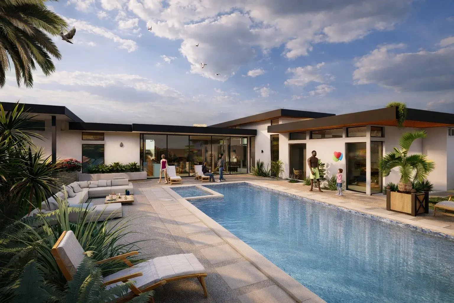 Rendu 3D — visuel de projet : façade et terrasse avec piscine d'une villa en projet
