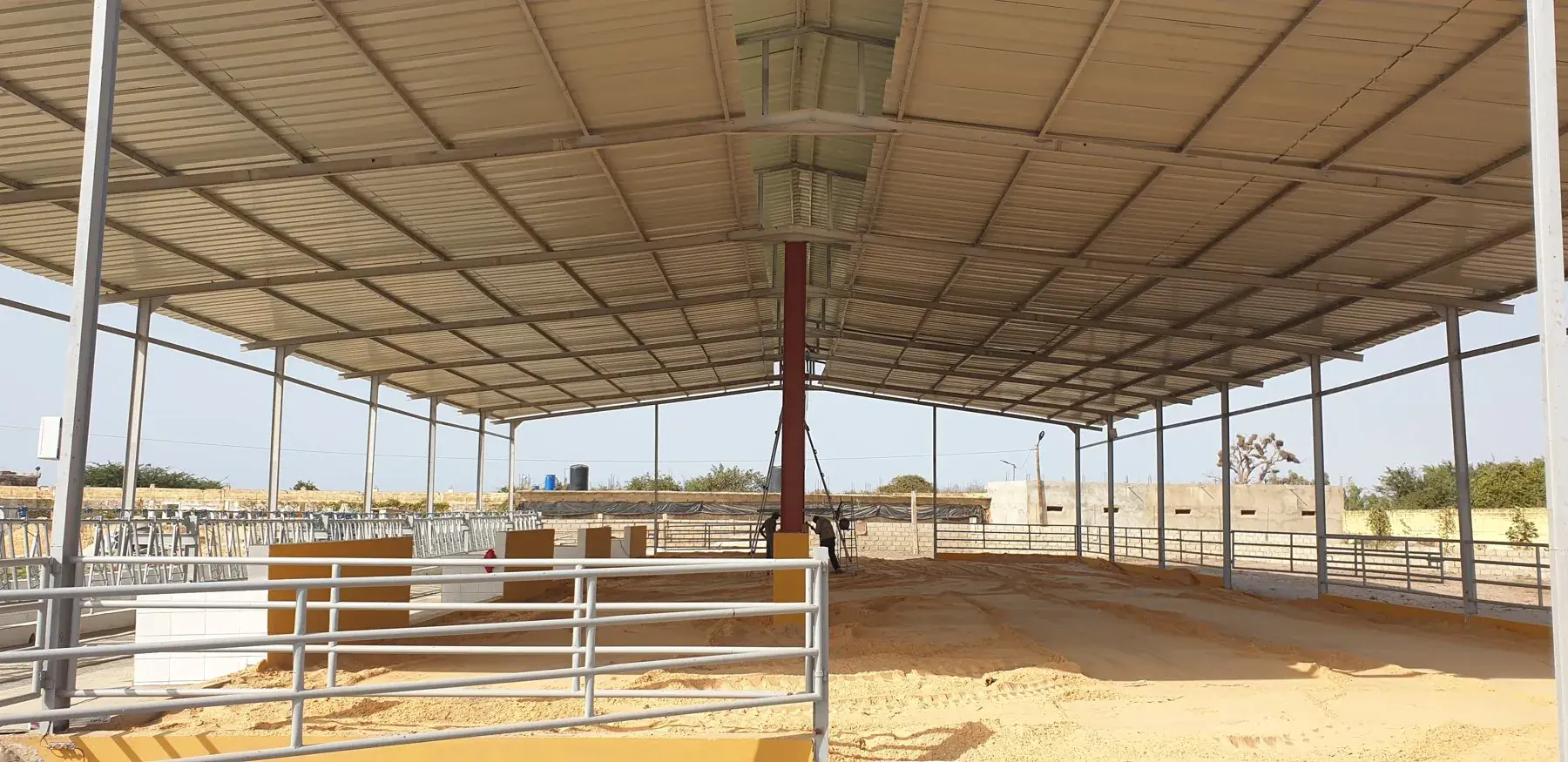 Vue sous la toiture d'un abri d'élevage terminé, avec poteau central en acier rouge